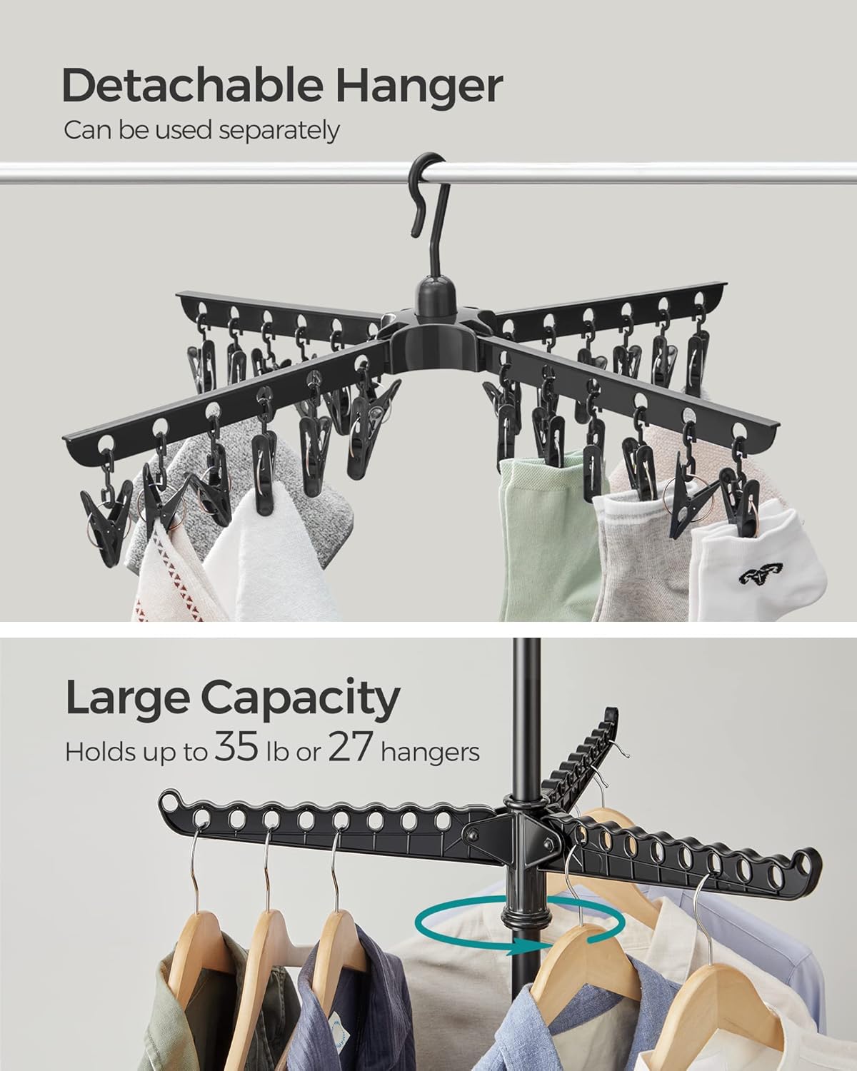 SONGMICS 2-Tier Clothes Drying Rack, 72-Inch Folding Laundry Drying Rack with 3 Rotatable Arms for Hangers, 24 Clips, Stainless Steel, for 27 Pieces of Clothes, Black ULLR512B01