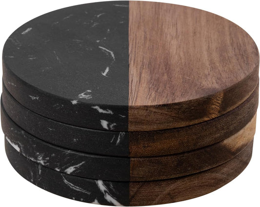 Marble Coasters: 4-Piece Set of Acacia Wood Marble Coasters, Suitable for Kitchens, Offices, and can be Used as Gifts (Black Round)