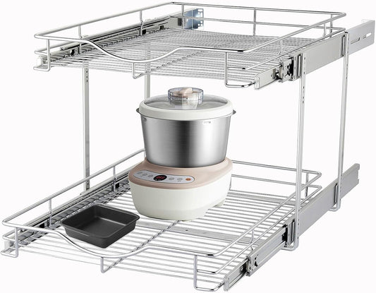 DINDON 2 Tier Pull Out Cabinet Organizer (17" W X 21" D), Double Tier Wire Basket Slide Out Shelf Storage for Kitchen Base Cabinet, Chrome Finish