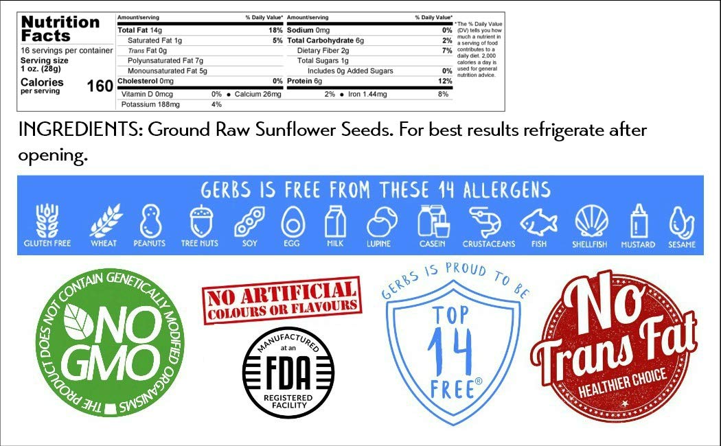 Ground Sunflower Seed Meal, 1 LB By Gerbs - Top 14 Food Allergy Free & NON GMO - Vegan & Keto Safe – Cold Milled Full Oil Seed Protein Powder