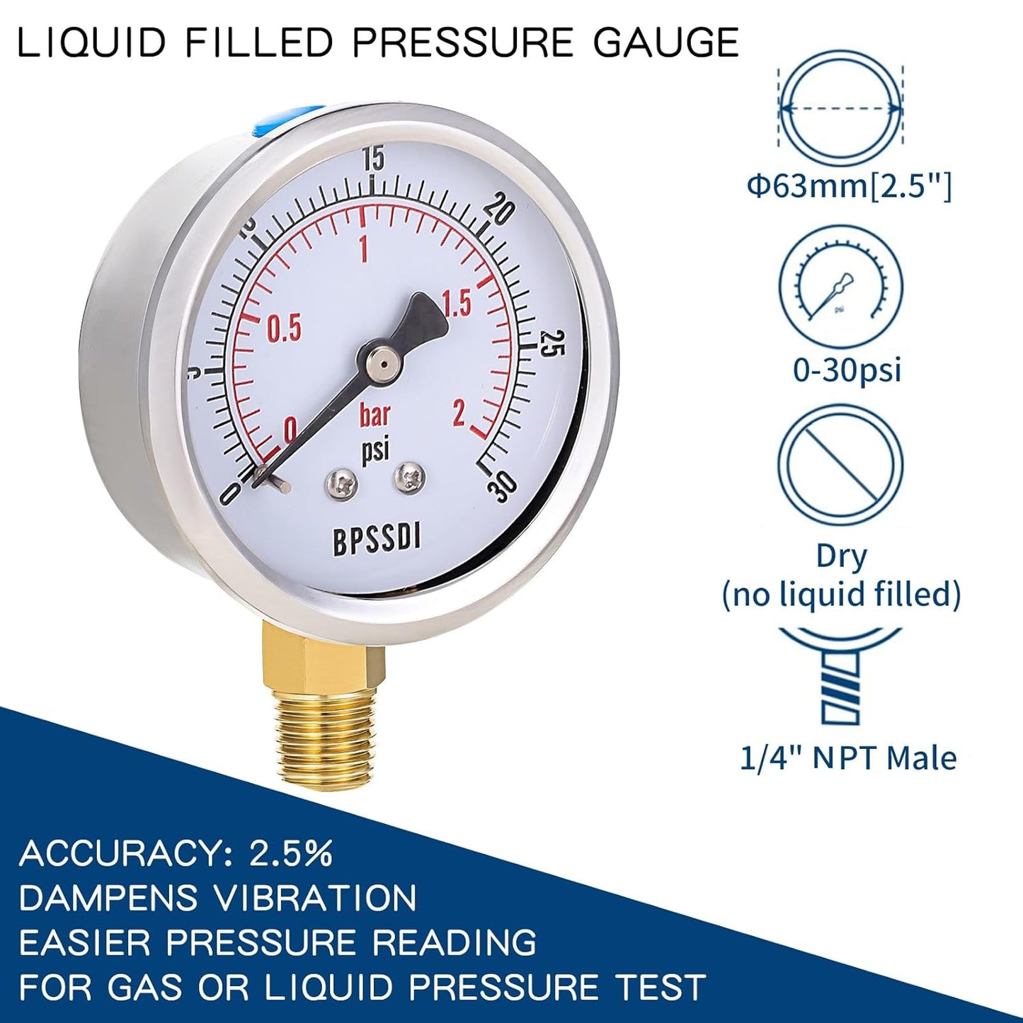 0-30 Psi Low Pressure Gauge, 2.5" Dial Size, 1/4" NPT Lower Mount, 304 Stainless Steel Case, Water Pressure Gauge Test for Water Pipe, HVAC(with Tape)