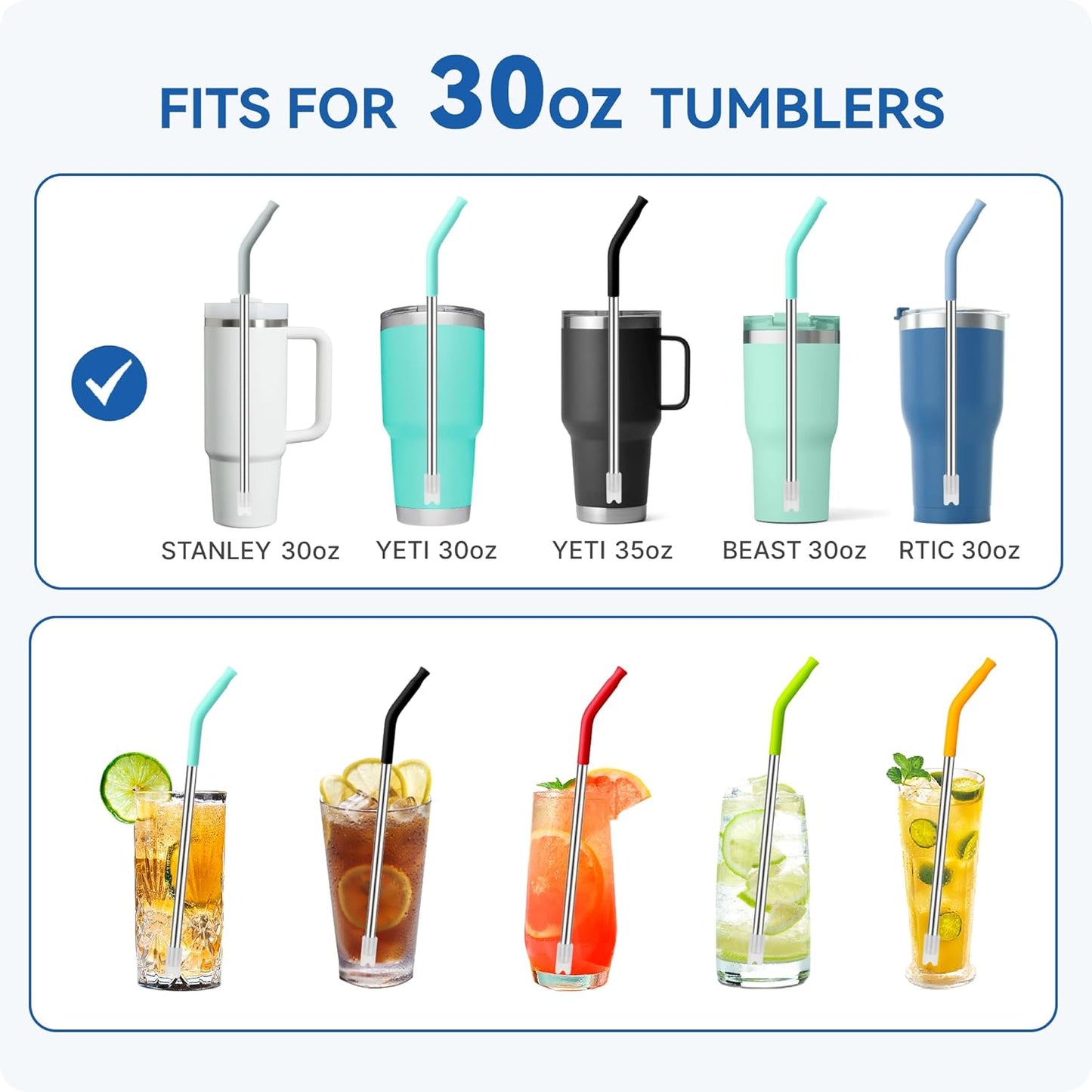 Reusable Metal Straws with Silicone Tip for Stanley 30oz,Stainless Steel Drinking Straws for 30oz Tumbler,3 Straight Tubes & 6 Tips& 1 Cleanr Brush (Ash)