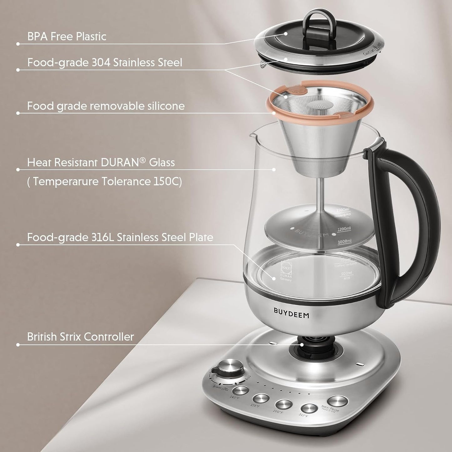 BUYDEEM K176 Tea Maker, Multifunctional Stainless Steel Electric Kettle for Tea and Coffee Brewing, Auto Keep Warm, 5 Flavor Controls, 1.5L