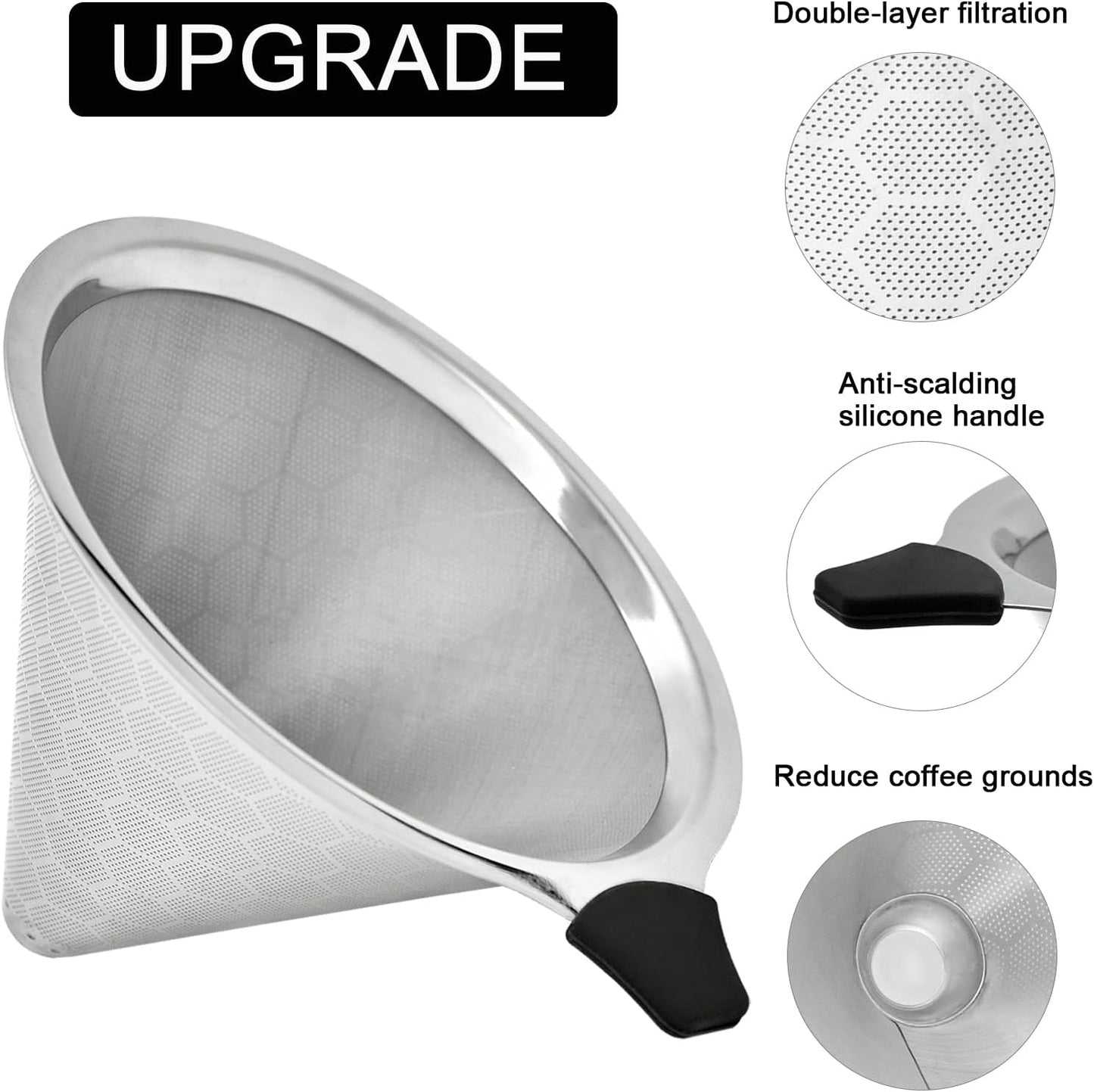 Pour Over Coffee Filter Compatible with Chemex & Hario V60 02 03, Reusable Stainless Steel Metal Cone Slow Drip Coffee Filter, 2-4 Cups Coffee Pour Over Dripper Filters
