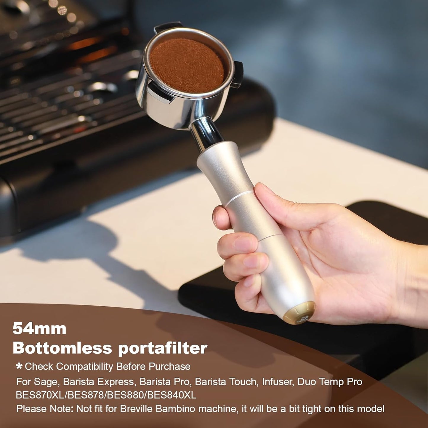 MEION 54mm Bottomless Portafilter Compatible with Breville Barista Express Machines, Sage, Barista Pro, BES870XL, BES878, BES880, Espresso Portafilter with 18g Filter Basket & Puck Screen