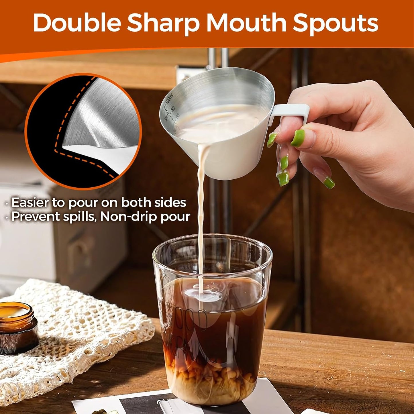 YARRAMATE 2Pcs Stainless Steel Espresso Shot Cup, Double Spout Metal Espresso Measuring Cup with V-Shaped Mouth, Espresso Accessories, 3.4OZ/100ML (White)