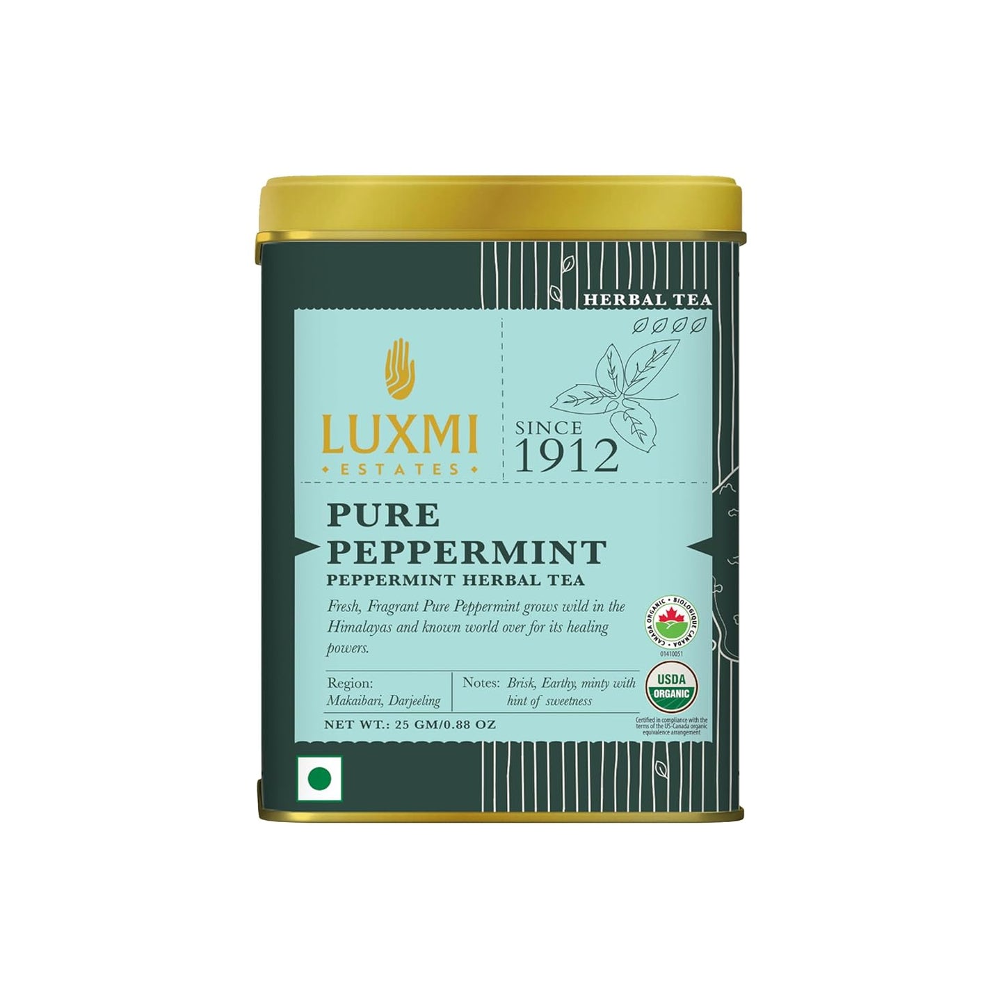 Luxmi Estates Purely Peppermint 25gm Tin | USDA Certified Organic Herbal Tea | Mint Tea Best for Night Time