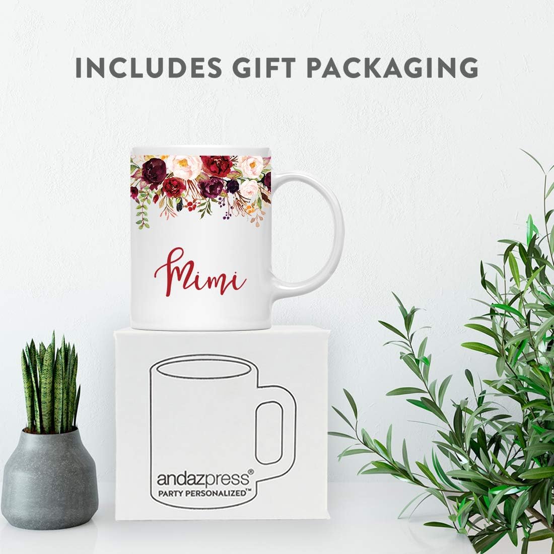 Andaz Press 11oz. Mother's Day Ceramic Coffee Tea Mug Gift, Fall Autumn Marsala Burgundy Flowers Roses Florals, Mimi, 1-Pack, Includes Gift Box, Birthday Christmas Gift Ideas