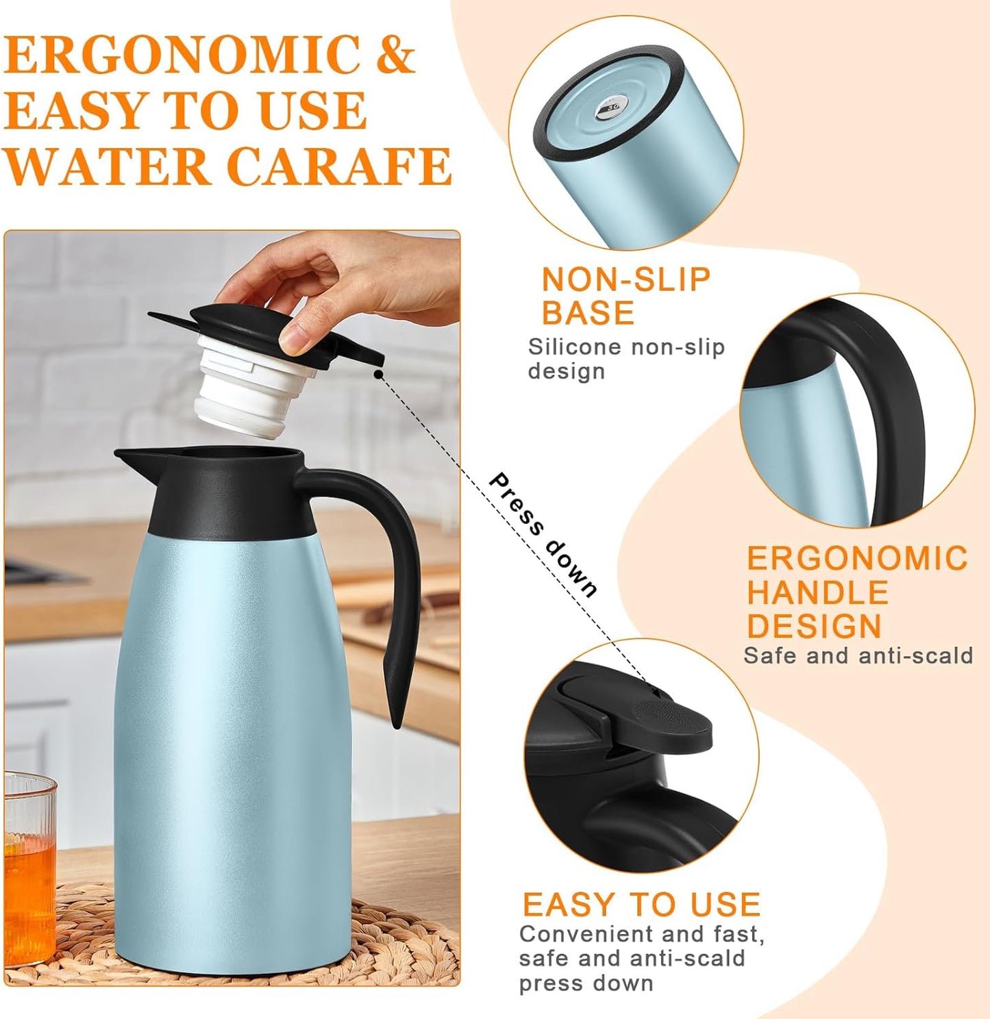 Norme 2 Pcs Thermal Coffee Carafe Insulated Stainless Steel Coffee Carafe for Hot Liquid Vacuum Thermal Pot Creamer Pitcher Dispenser with Brushes Keeping Hot Water Milk(Blue)