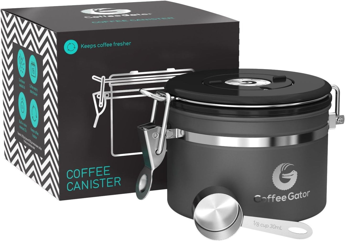 Coffee Gator Coffee Canister, 11oz Airtight Stainless Steel Kitchen Food Storage Container with Date-Tracker, CO2-Release Valve and Scoop for Beans, Grounds, Sugar, Cookies Jars, Tea, Cereal - Gray