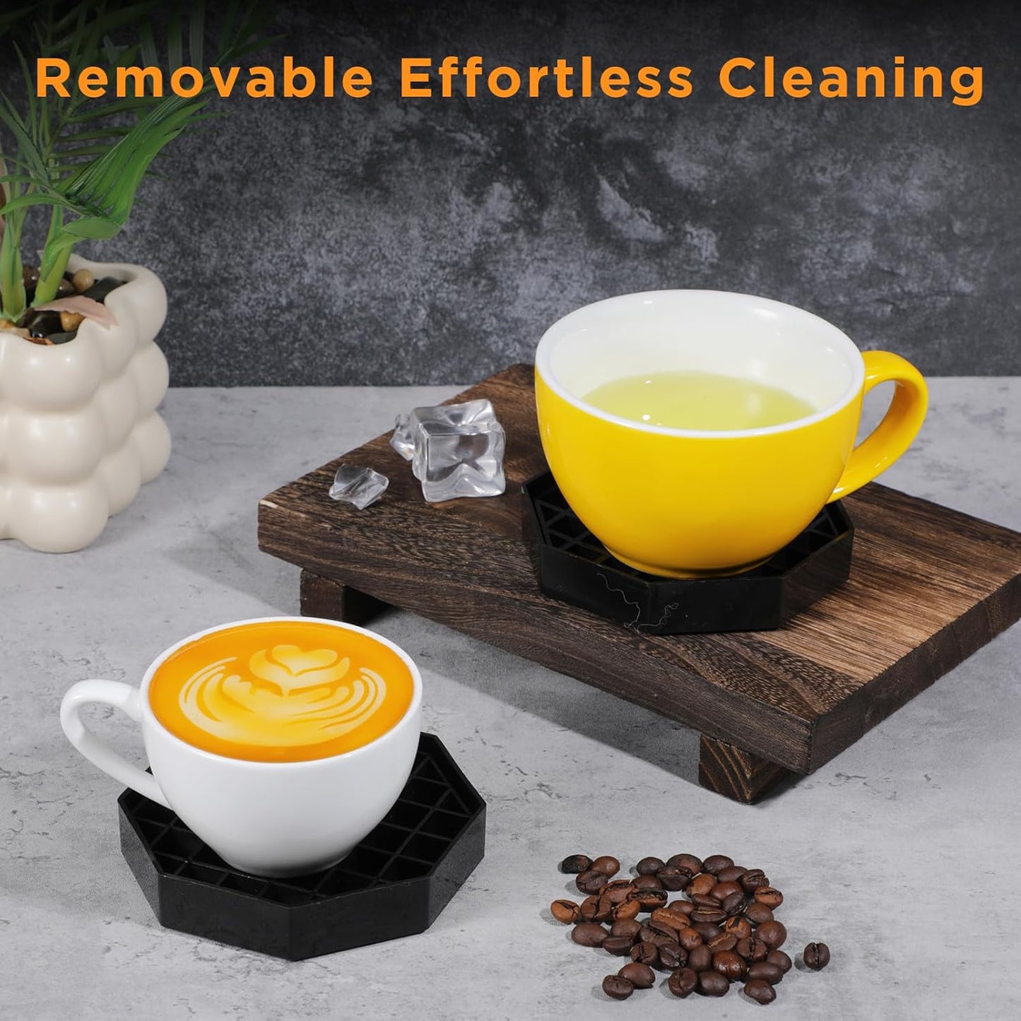 Set of 8 Coffee Countertop Drip Trays, 4" Octagon Shape, Black Plastic with Honeycomb Grid Design for Bars, Restaurants, and Drink Dispensers.