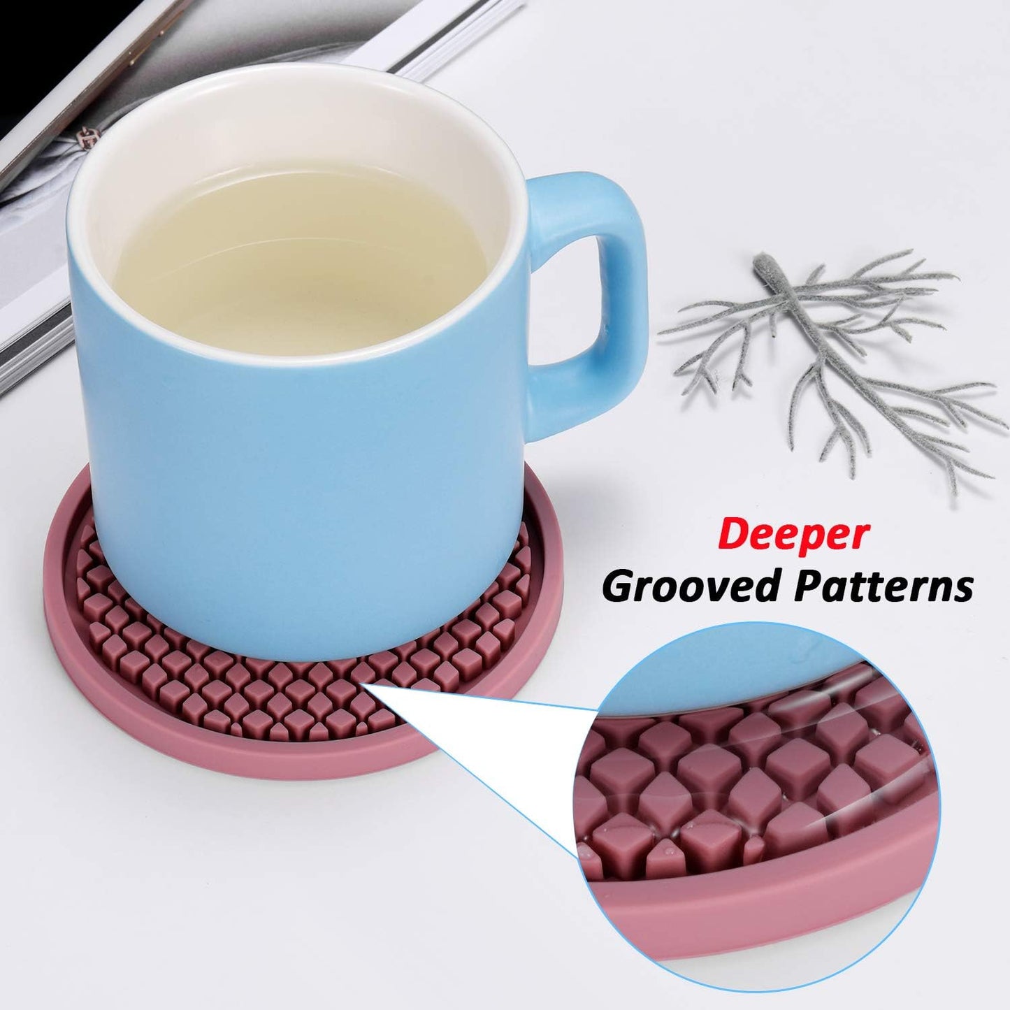 ME.FAN Silicone Coasters [6 Pack] Thickened Drink Coasters with Holder - Cup Mat - Non-Slip, Non-stick, Stay Put, Deep Tray - Prevents Furniture and Tabletop Damages(Gray)