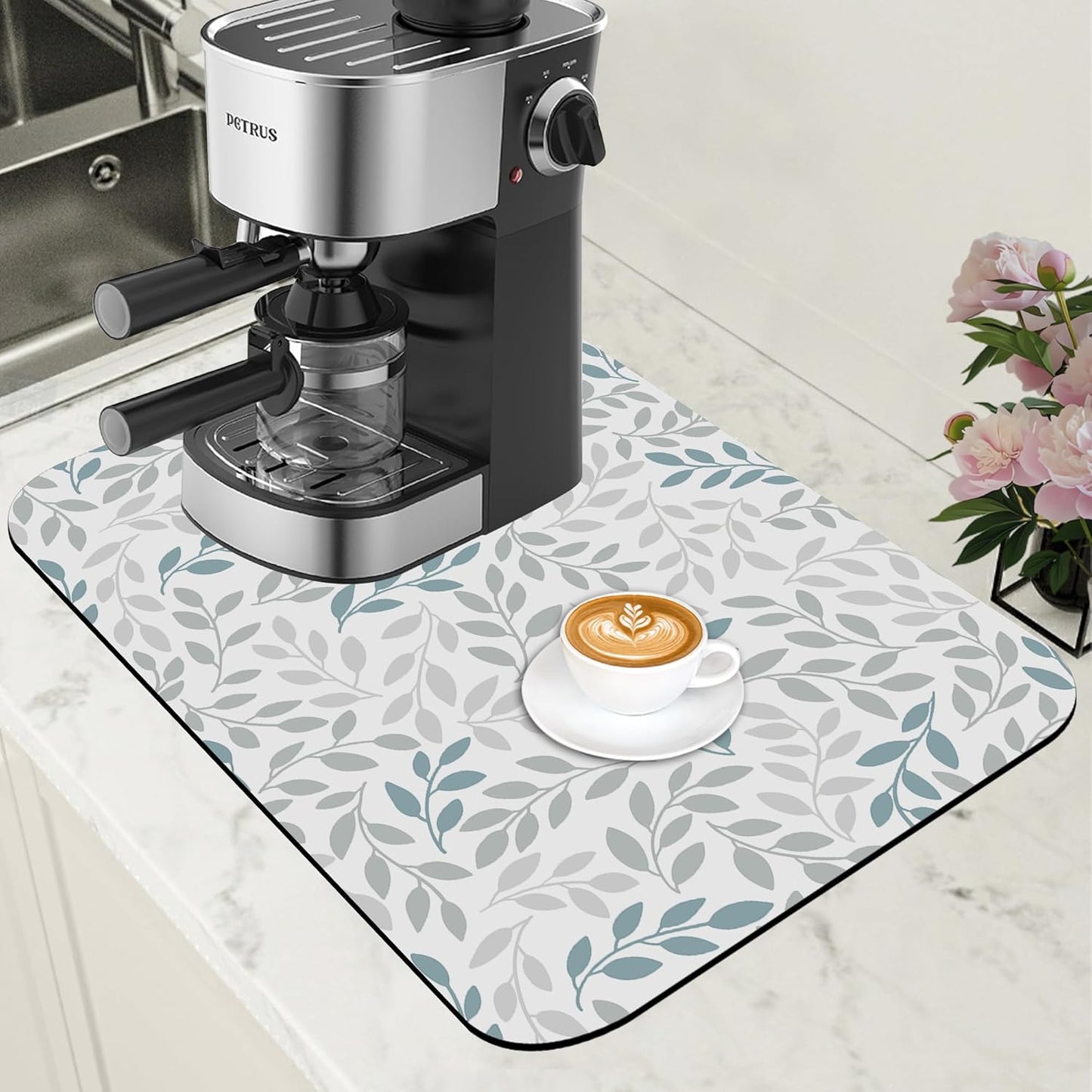 Grey and Blue Leaves Branches Dish Drying Mat for Kitchen Counter Coffee Bar Mat Hide Stain Absorbent Rubber Backed Dish Drainer Rack Pad Espresso Machine Coffee Bar Accessories 11.8 x 19.7 Inch