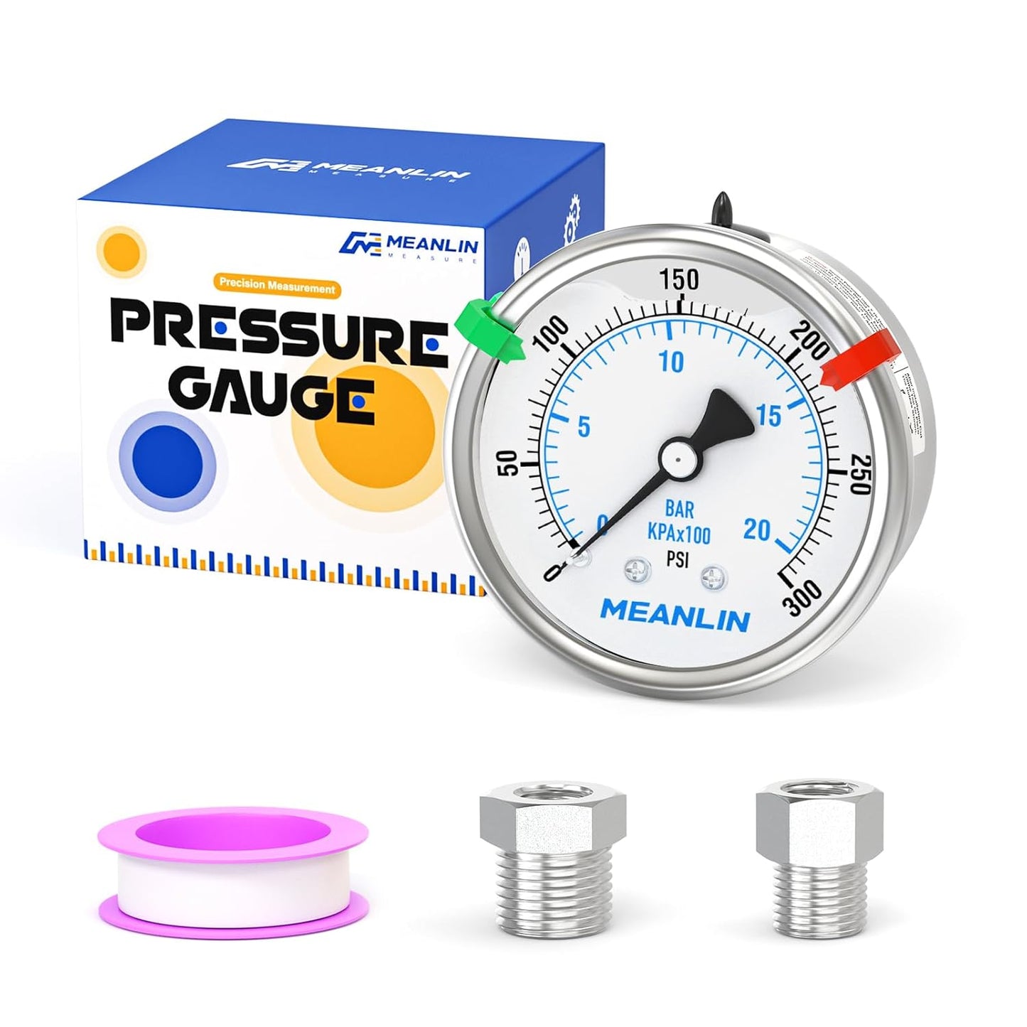 MEANLIN MEASURE 0~300Psi Stainless Steel Liquid Filled Pressure Gauge 2.5" FACE DIAL 1/4" NPT for Air Compressor Air Regulator Water Filter Back Mount with Stainless Steel Hex Bushing and Snaps