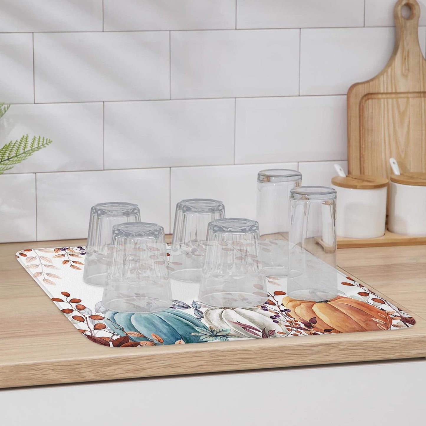 Fall Dish Drying Mat for Kitchen Counter Pumpkin Drying Pad Absorbent Drying Mats for Countertops Sinks Draining Racks Autumn Eucalyptus Leaves Drainer Holiday Harvest Thanksgiving Decorations 16x18