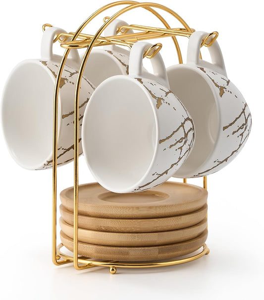 LUKA Ceramic Demitasse Espresso Cups Set with Saucers and Metal Stand, 8 oz Porcelain Stackable Cappuccino Cups Teacup For Tea, Espresso, Latte, Coffee, Cafe Mocha, Set of 4, White