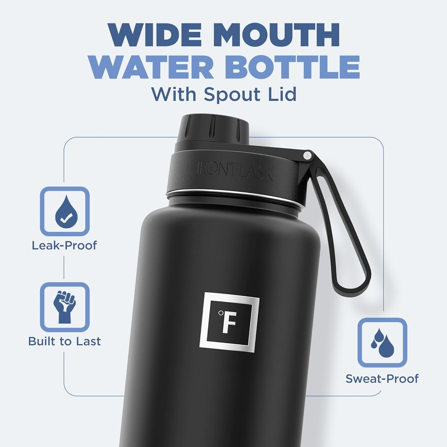 IRON °FLASK Camping & Hiking Hydration Flask with 3 Lids - Stainless Steel, Double Walled & Vacuum Insulated Water Bottle - Leak Proof & BPA Free (Sky, Spout - 40 oz)