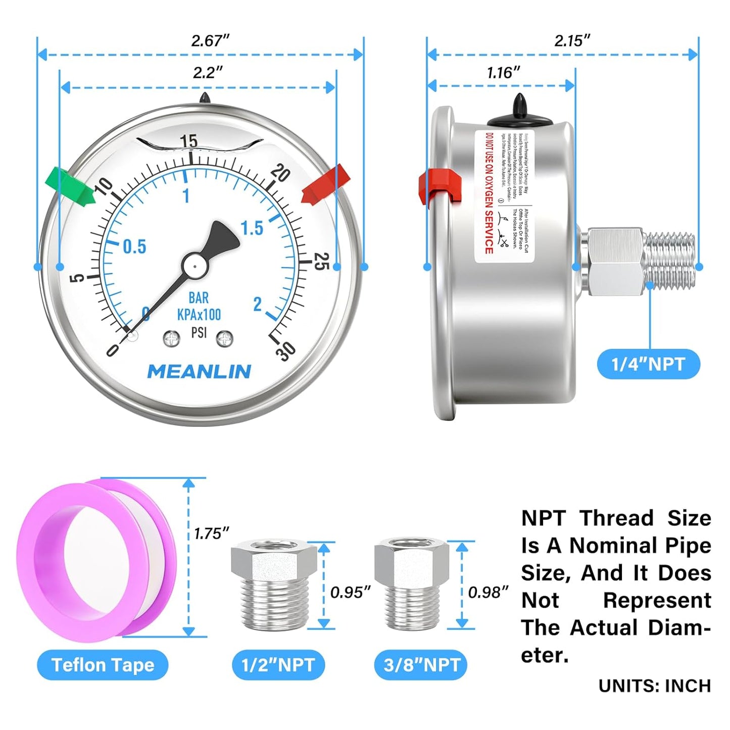 MEANLIN MEASURE 0~30Psi Stainless Steel Liquid Filled Pressure Gauge 2.5" FACE DIAL 1/4" NPT for Pool Sand Filter Water Oil Air Pressure Test Back Mount with Stainless Steel Hex Bushing and Snaps