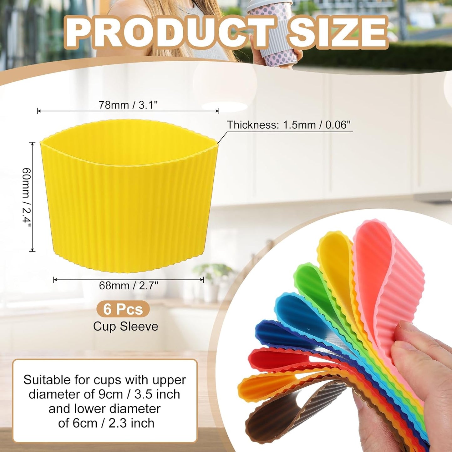 uxcell 6Pack Coffee Cup Sleeves, Reusable Silicone Heat Resistant Cup Protective Sleeve Nonslip Mug Protector Cover for Home Travel Coffee Mug Glasses Water Bottle Boots, Yellow