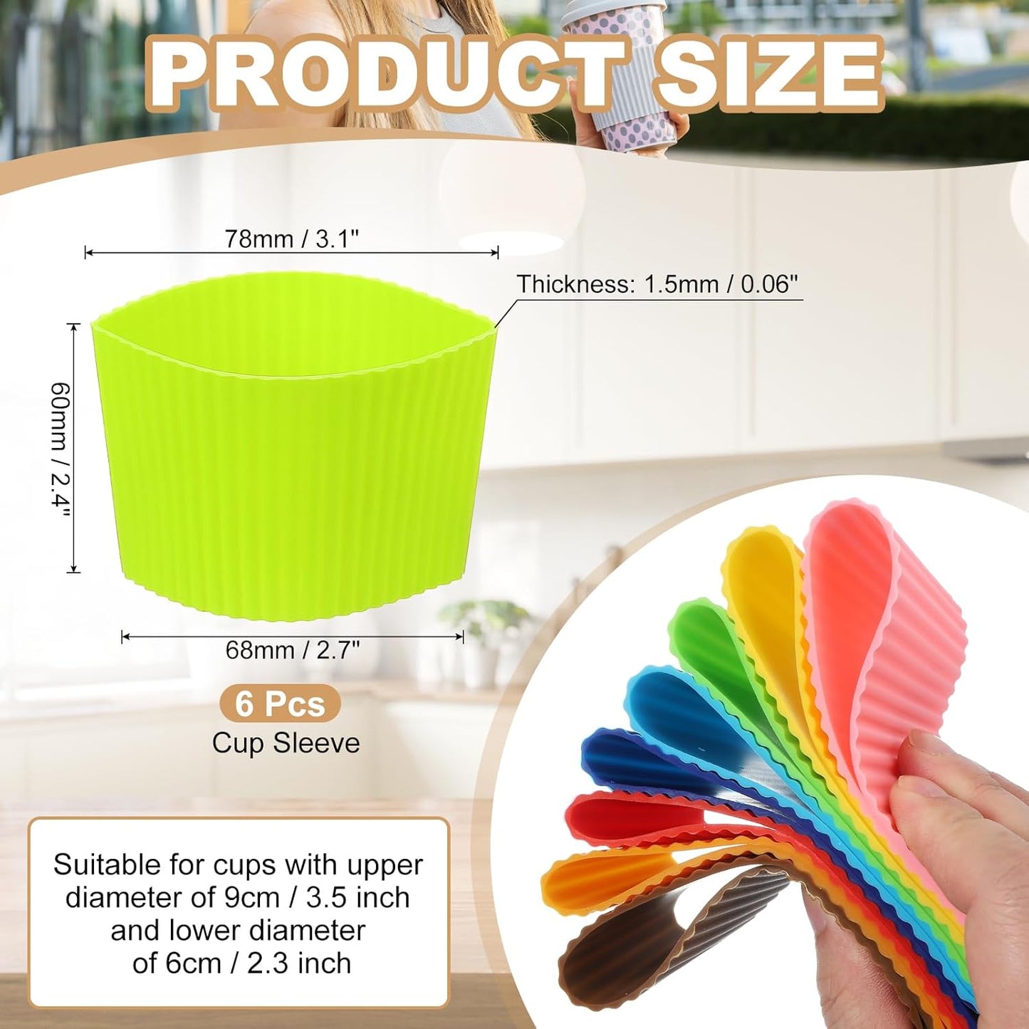 uxcell 6Pack Coffee Cup Sleeves, Reusable Silicone Heat Resistant Cup Protective Sleeve Nonslip Mug Protector Cover for Home Travel Coffee Mug Glasses Water Bottle Boots, Yellow Green