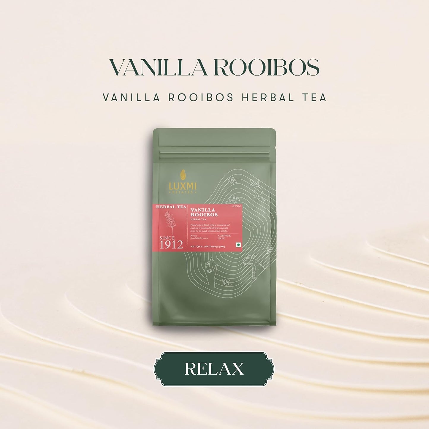 Luxmi Estates Rooibos Vanilla Organic Rooibos Tea (50 Tea Bags) Caffeine Free Tea Bags For Relaxing, Calming, and Stress Relief, With Certified Organic Herbal Tea