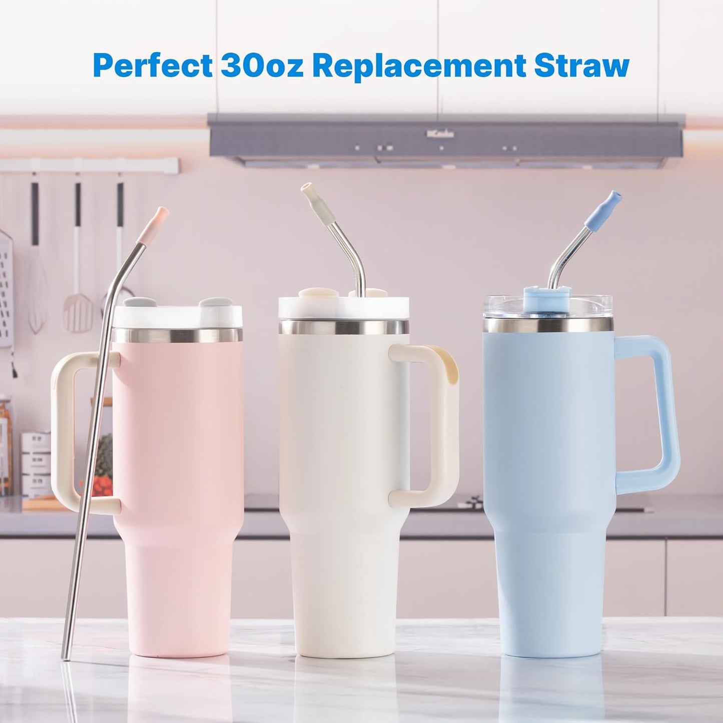 Repeatable Metal Straw with Silicone Tips for 30 oz Stanley Tumbler, 2 Pcs 30 oz Stainless Steel Straws Replacement for Stanley Tumbler, 1 Straw Brush, BPA Free（Black）