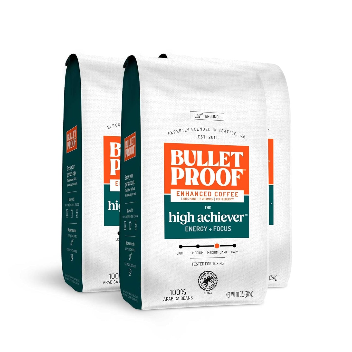 Bulletproof The High Achiever Ground Mushroom Coffee, 10oz (Pack of 3), High Caffeine with Lion's Mane, B Vitamins and Adaptogens for Energy & Focus, Medium-Dark Roast
