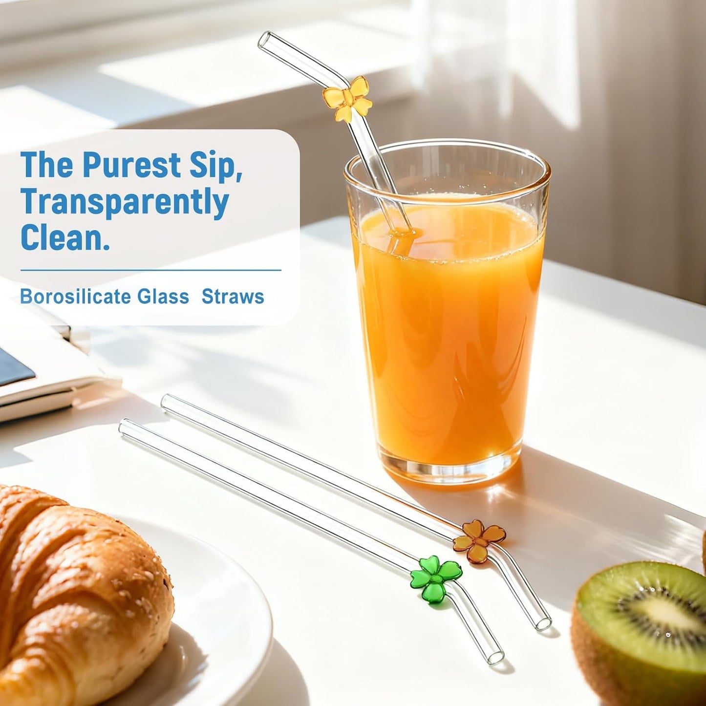 Cute Glass Straws with Charms Bows, 9 Inch 8mm Reusable Clear Glass Straws Bent - thick Borosilicate Drinking Straw Eco Friendly, BPA Free for Hot Drinks, Iced Coffee, 16 oz Tumblers - Include Brushes
