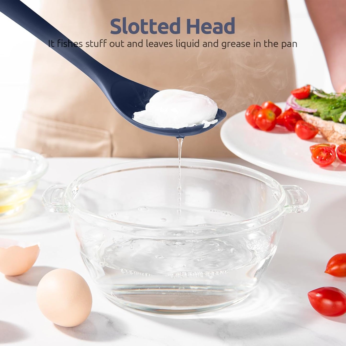 600ºF Heat Resistant Silicone Spoons: U-Taste 13.3in Solid & Slotted Kitchen Cooking Spoon, Nonstick Long Rubber Utensil, Sturdy for Mixing, Serving, Stirring, Draining (Midnight Blue, 2PCS)