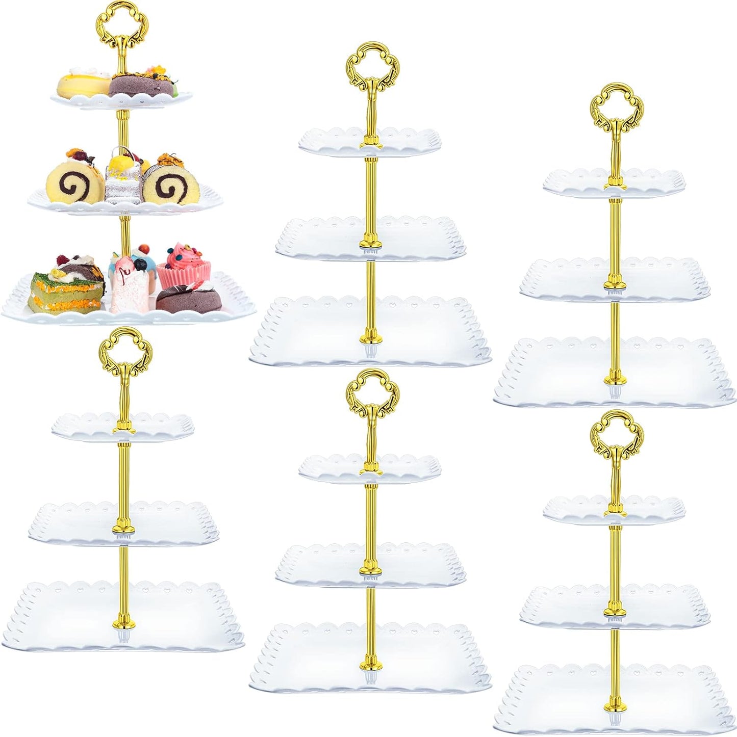 6 Sets of 3 Tier Plastic Cupcake Stand, White Plastic Tiered Serving Stand for Cupcake Stands for Dessert Table Mini Cake Fruit Snack Square Dessert Display Trays for Wedding Birthday