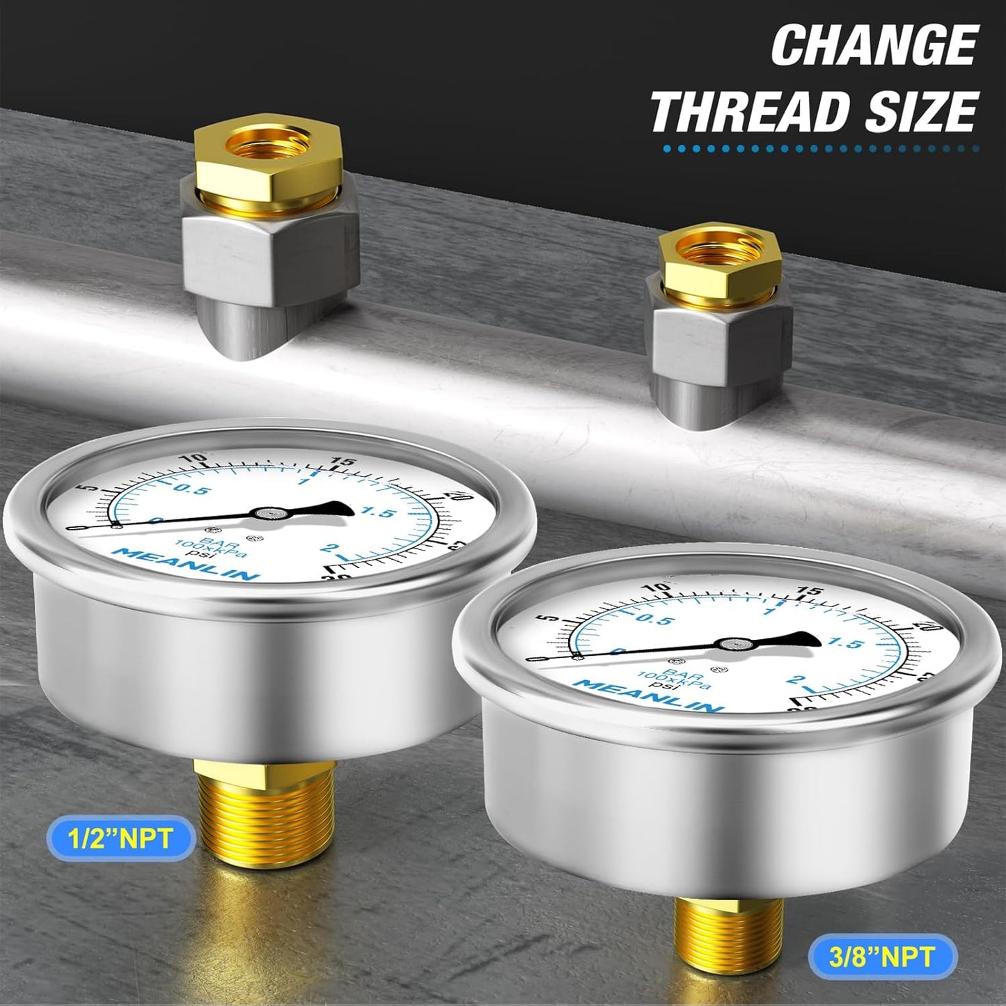 MEANLIN MEASURE 0~30Psi Stainless Steel 1/4" NPT 4" FACE DIAL Liquid Filled Pressure Gauge WOG Water Oil Air Back Mount, with 1/4" x 1/2" NPT and 1/4" x 3/8" NPT Hex Bushing