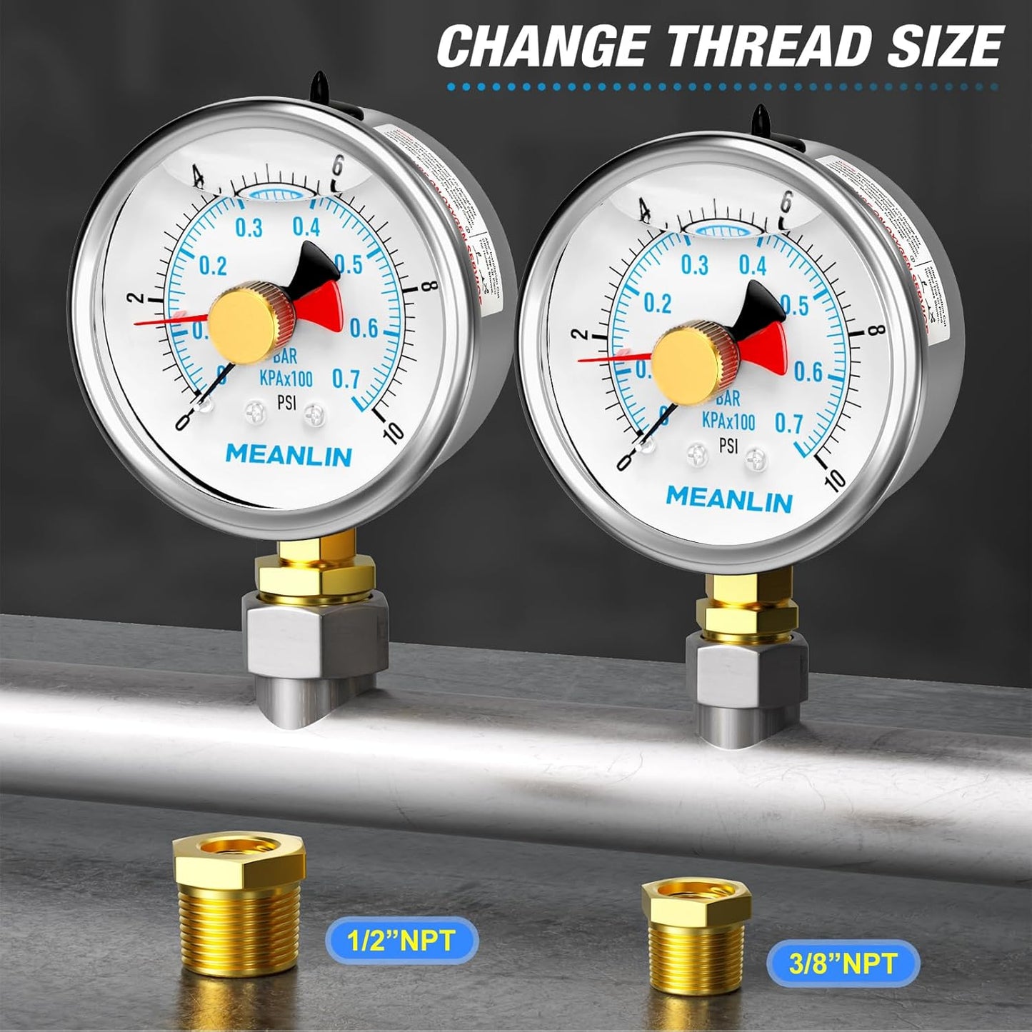 MEANLIN MEASURE 0~10Psi Stainless Steel 1/4" NPT 2.5" FACE DIAL with Reset Pointer Liquid Filled Pressure Gauge WOG Water Oil Air, Lower Mount, with Brass Hex Bushing