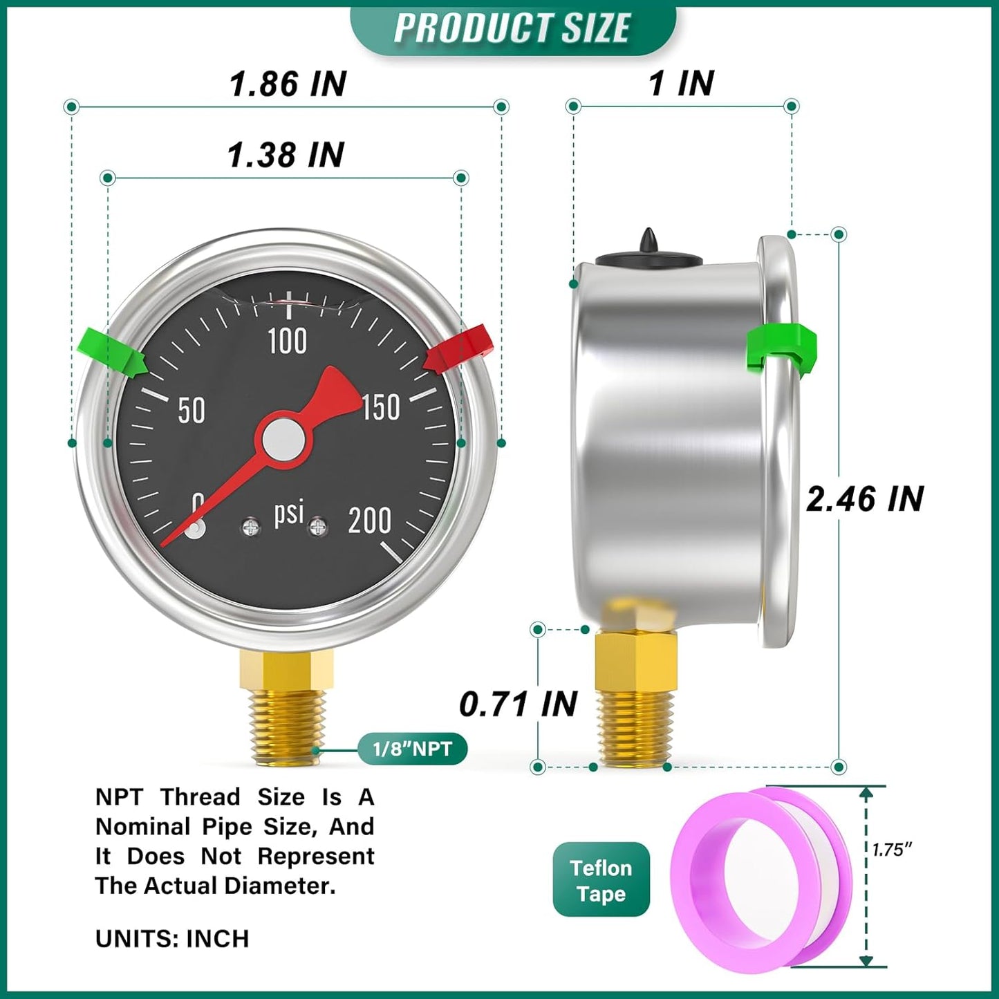 0-200PSI Stainless Steel Glycerin Filled Pressure Gauge 1.5" Black Dial Size, 1/8" NPT Lower Mount, for Tube, Water Pump, Gas, Liquid, Pressure Test (with Range Mark Pointer)