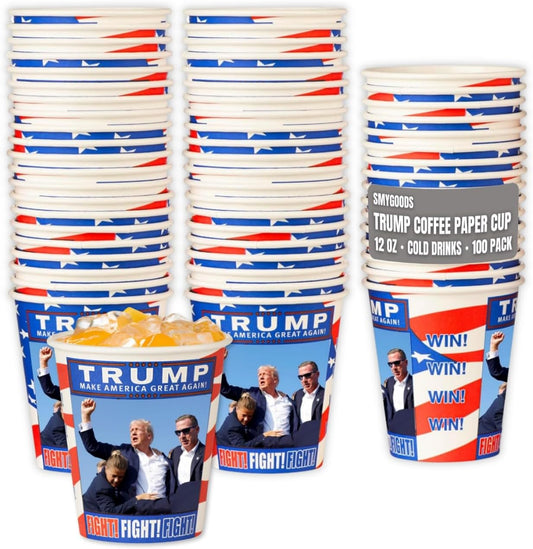 Smygoods Trump Design Disposable Paper Coffee Cups (12 OZ, 100 Count) For Hot Beverages, Tea, Espresso, Cocoa - To Go Drink Containers, Café & Office