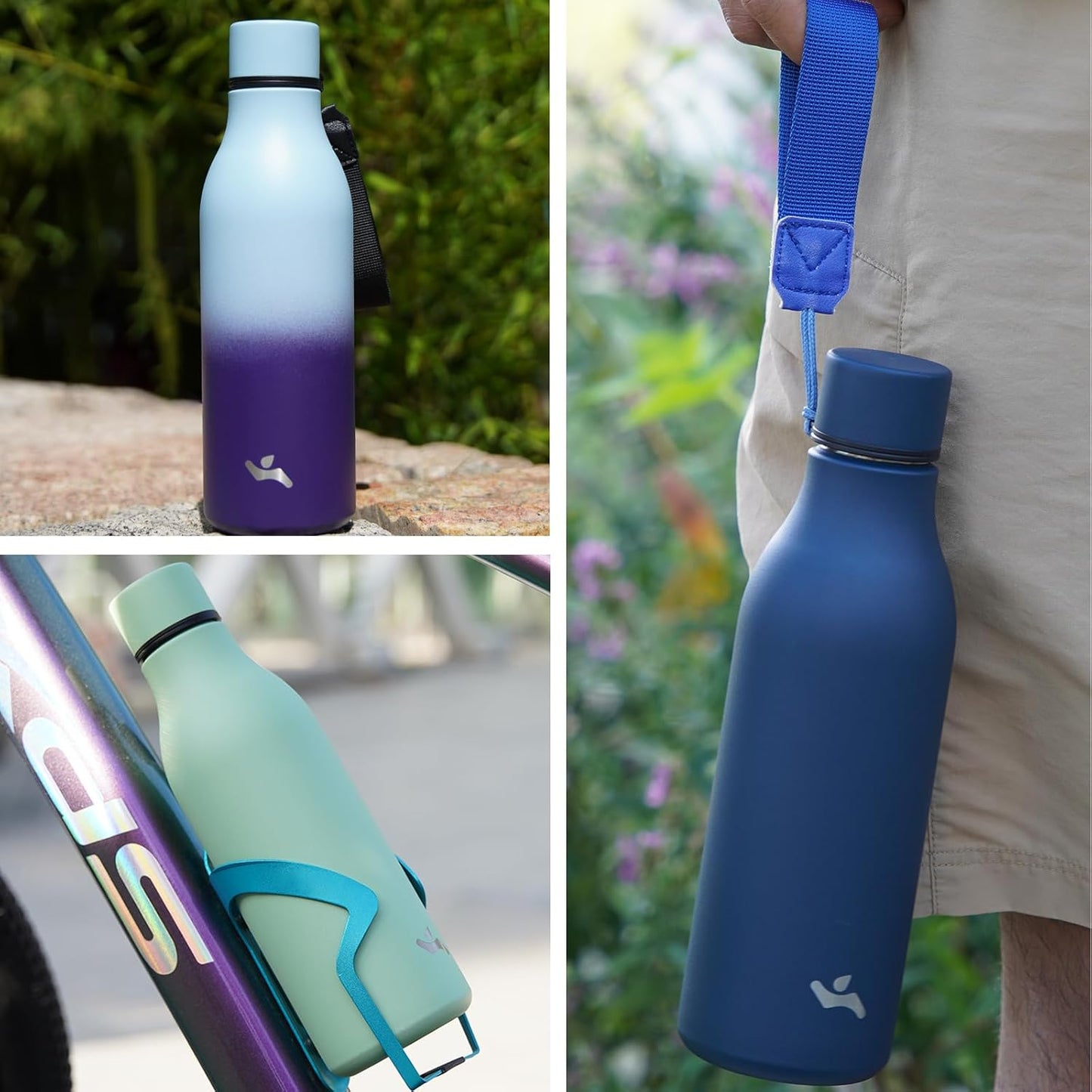 Insulated Water Bottle with Strap,18 oz Double Wall Stainless Steel Vacuum Bottles Metal Water Flask,Grey Blue