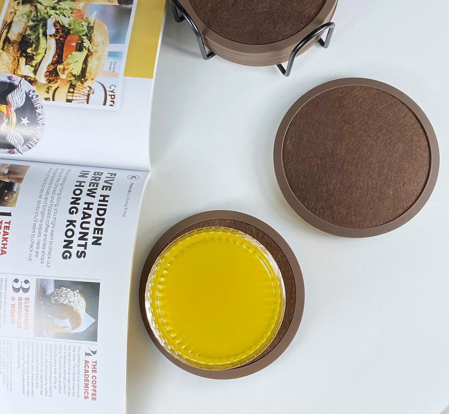 Absorbent Coasters for Drinks with Holder - 6packs, Silicone Coaster with Soft Felt Insert (4.3 inch Coasters with 4.5 inch Holder, Brown)