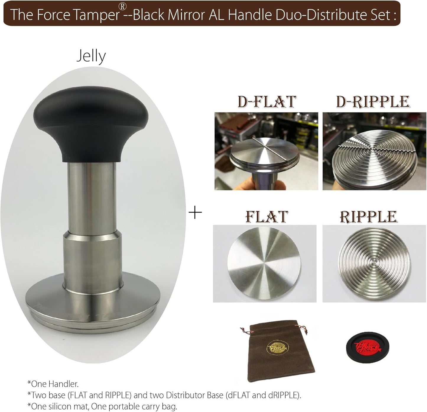 The Force Tamper Automatic Impact Coffee Tamper Adjustable Const Pressure and Autoleveling Duo-Distribute Set New (Jelly-Black Mirror AL, 54.00mm)