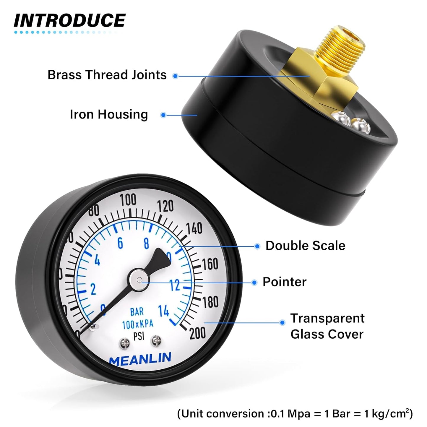 MEANLIN MEASURE 0-200Psi 2" DIAL FACE 1/8" NPT Well Pump Pressure Gauge, with 1/4" NPT and 3/8" NPT Hex Bushing, 3-2-3% Accuracy, Center Back Mount