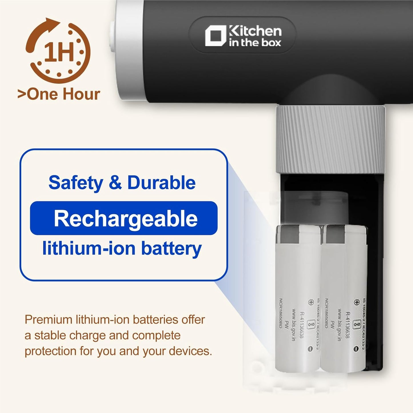 Kitchen in the box Cordless Rechargeable Hand Mixer for Kitchen, Portable Handheld Electric Mixer with Beaters, Whisks, 6-Speed Digital Display, Charging Base and USB-C Charge Cable (Classic Black)