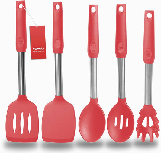 Silicone Spatula and Cooking Spoon,5 Pack Non-Stick Cooking Utensils for Kitchen，Heat Resistant Solid & Slotted Spoons and Spatulas, Stainless Steel Handle Coated with Silicone,Red