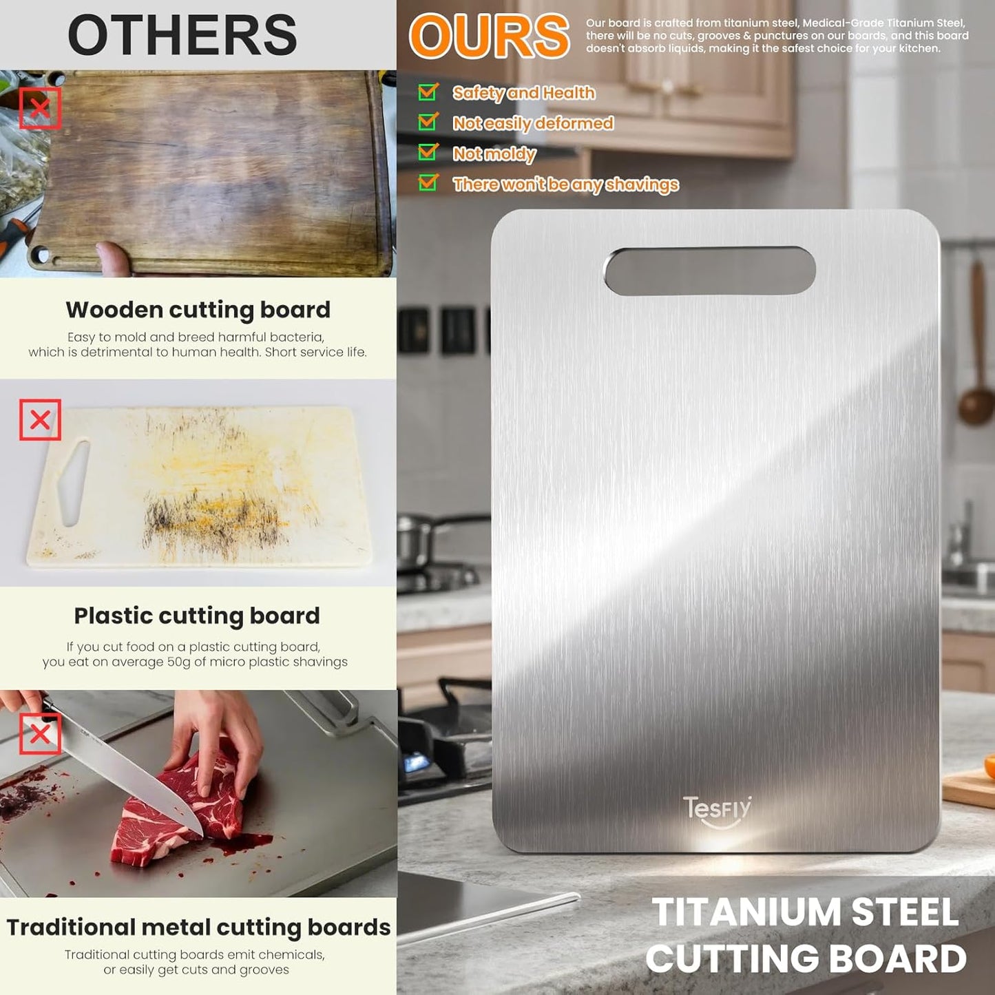 2 Pack Titanium Cutting Board - 100% Pure Titanium Cutting Boards For Kitchen,Easy to clean, Double-sided food-grade Cutting Board For Cutting Meats, Fruits And Vegetables(13 * 9)