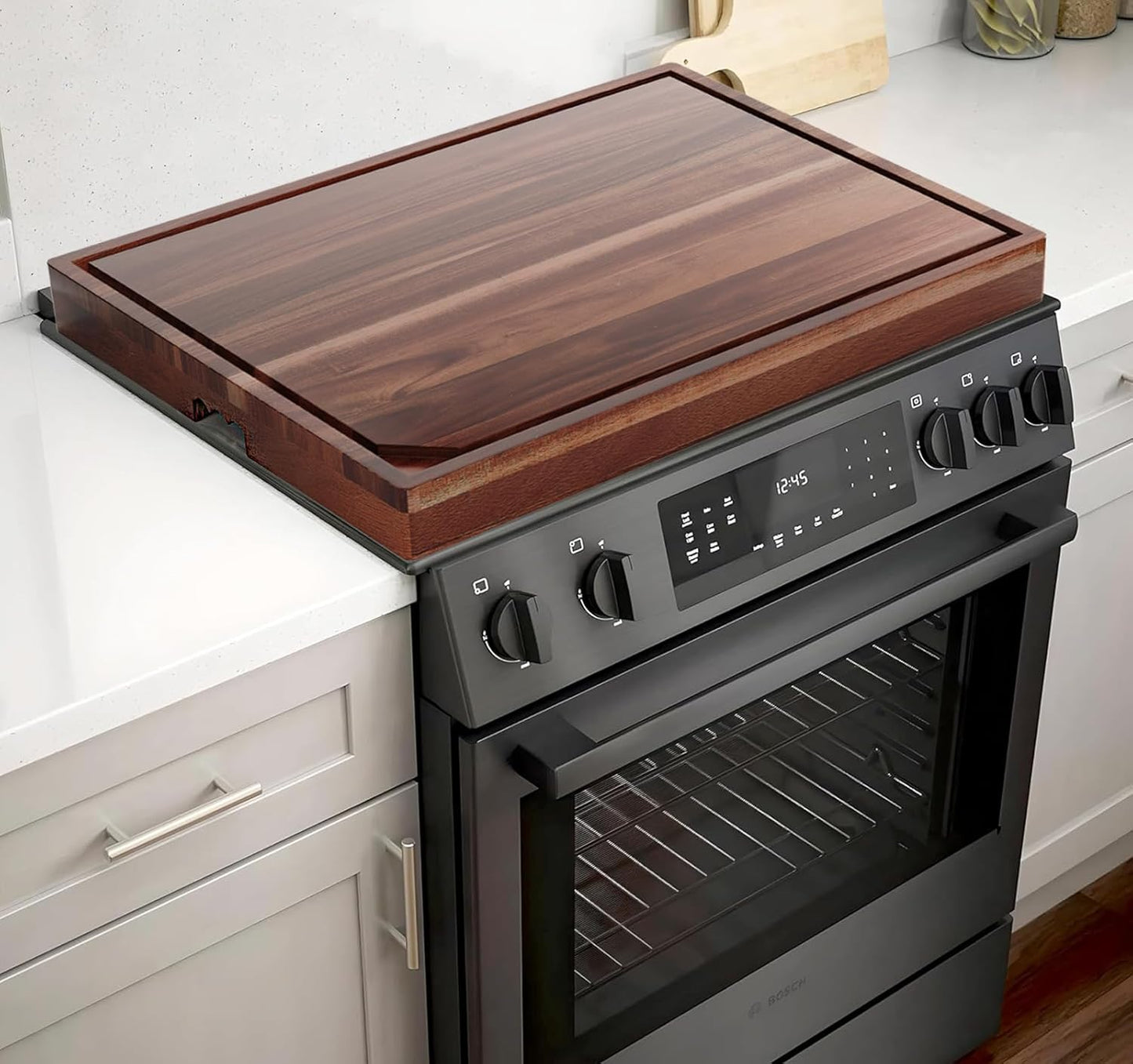 Acacia Noodle Board Stove Cover with Wavy Handles, Wooden Stove Top Cover for Gas Burners & Electric Stove, Stovetop Cutting Board with Juice Grooves, Serving Tray 30"L x 22"W x 2.5"H