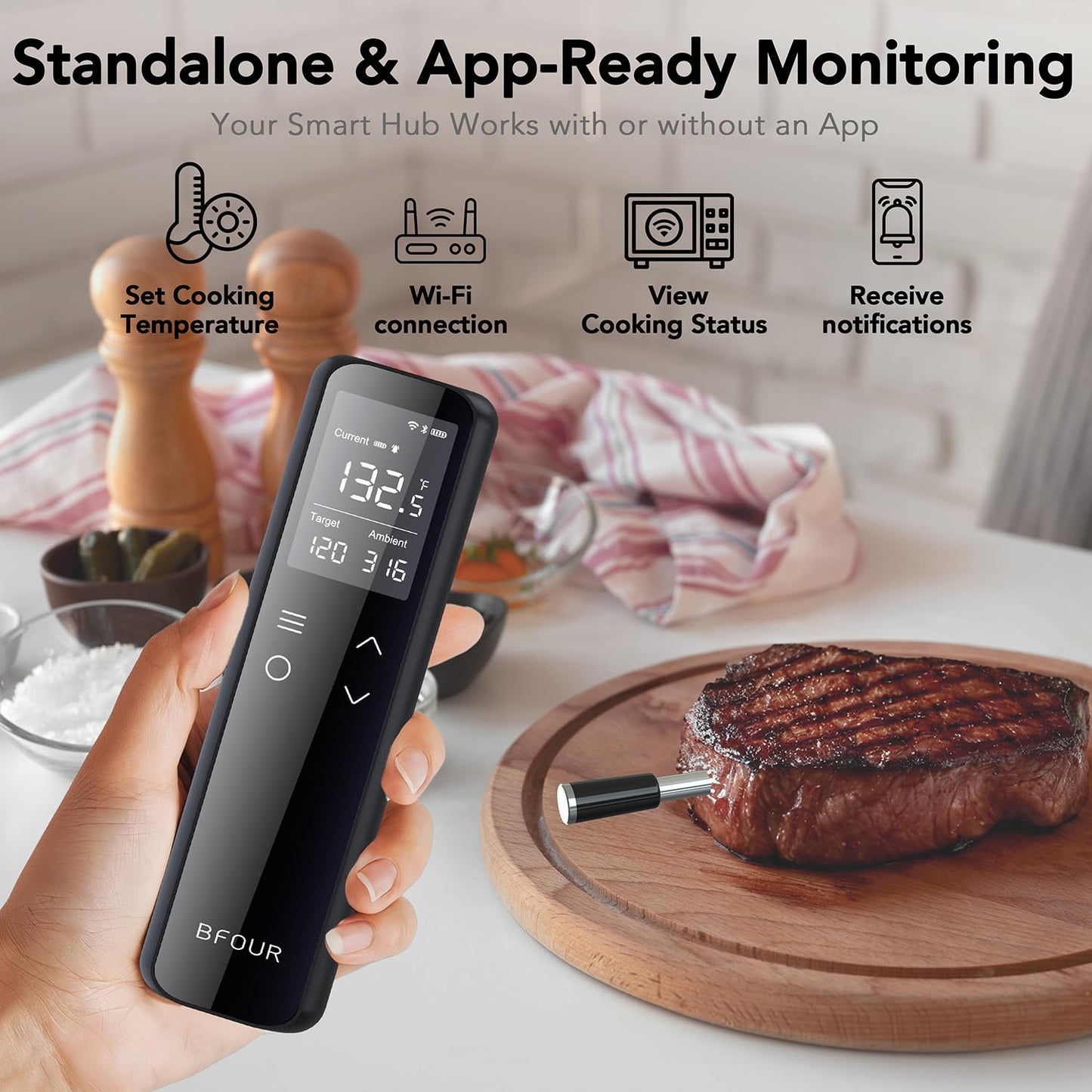 BFOUR WiFi Smart Wireless Meat Thermometer with Standalone Display Base, Bluetooth Food Meat Thermometer with App Control, Internal Ambient Sensor Probes for Cooking, BBQ, Oven, Grill, Smoker