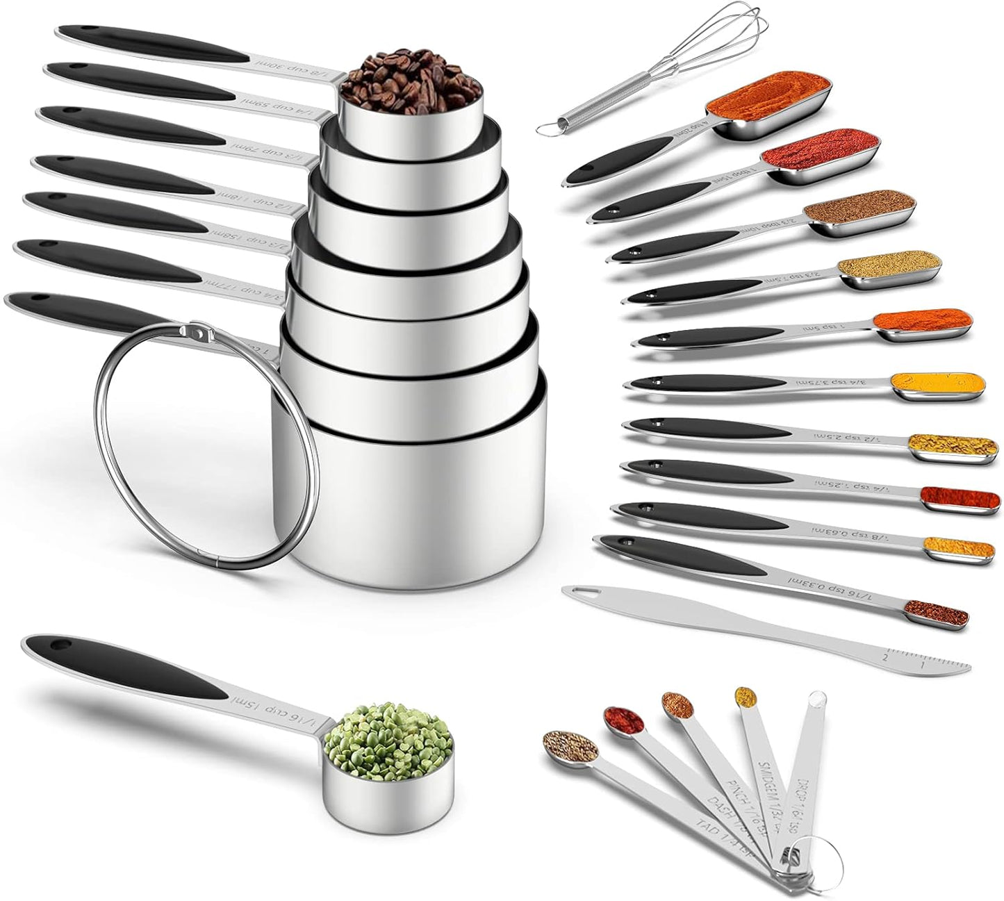 Measuring Cups and Measuring Spoons Set, Wildone Stainless Steel 8 Measuring Cups, 10 Measuring Spoons, 1 Leveler 1 Whisk & 5 Mini Spoons, for Dry and Liquid Ingredient - 25 Piece Black