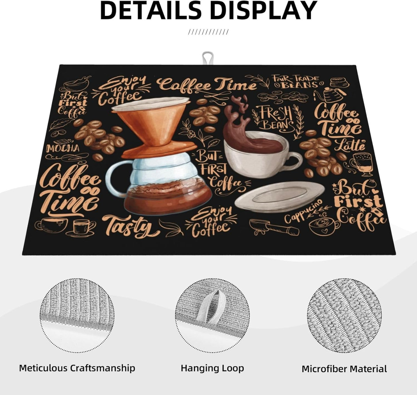 Fun Coffee Dish Drying Mat, Highly Absorbent Microfiber Kitchen Counter Pad Reusable Washable, 18*24"