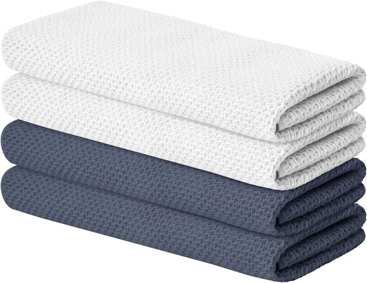 Artoid Mode 100% Cotton White Dark Grey Waffle Weave Kitchen Dish Cloths, 13x28 Inch Ultra Soft Absorbent Quick Drying Kitchen Dish Towels Set of 4, Multicolor