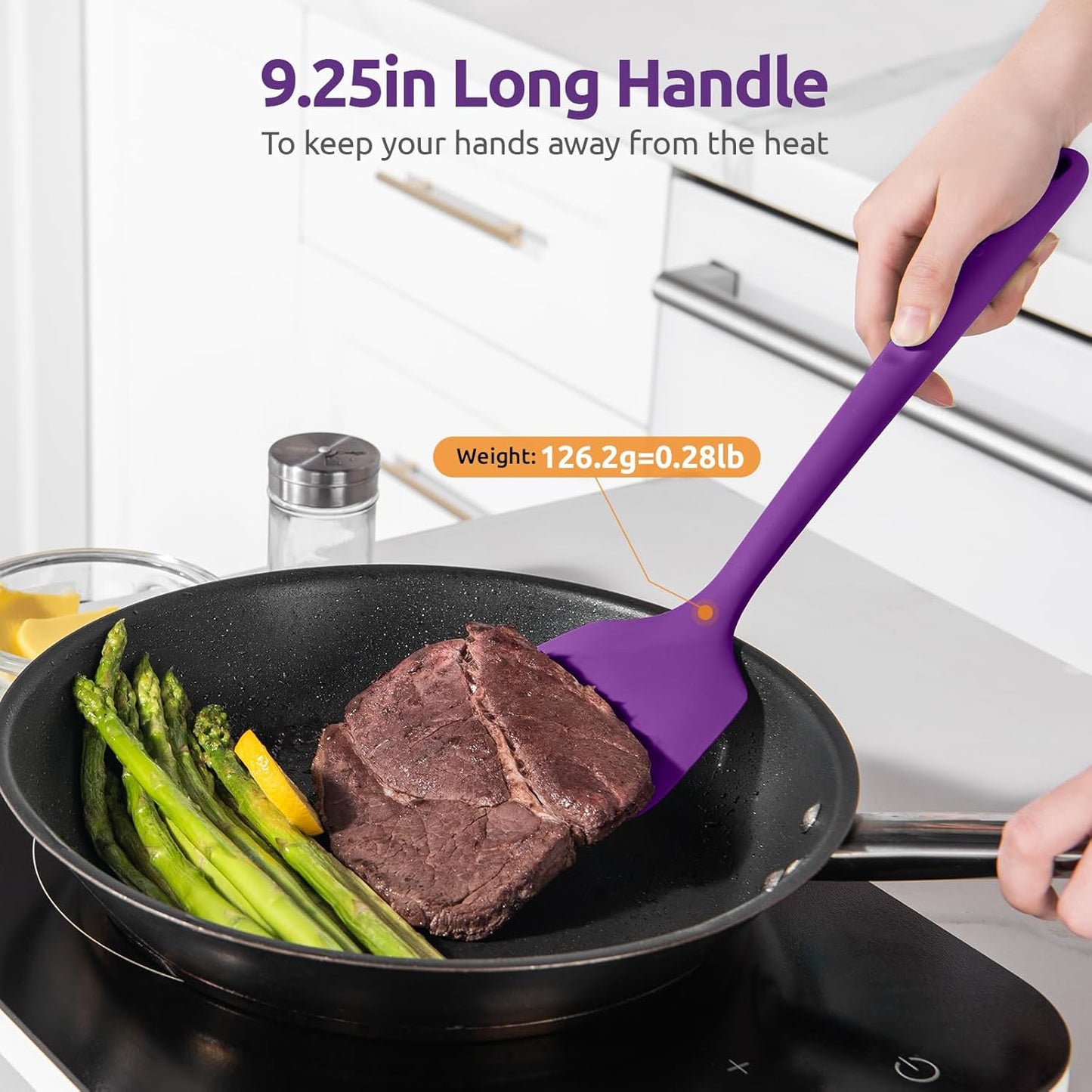 600ºF Heat Resistant Silicone Turner: U-Taste 13.6in Solid Kitchen Spatula Flipper, Food Grade Flexible & Thin Rubber Seamless Cooking Utensil for Flipping Egg, Pancake in Nonstick Cookware (Purple)