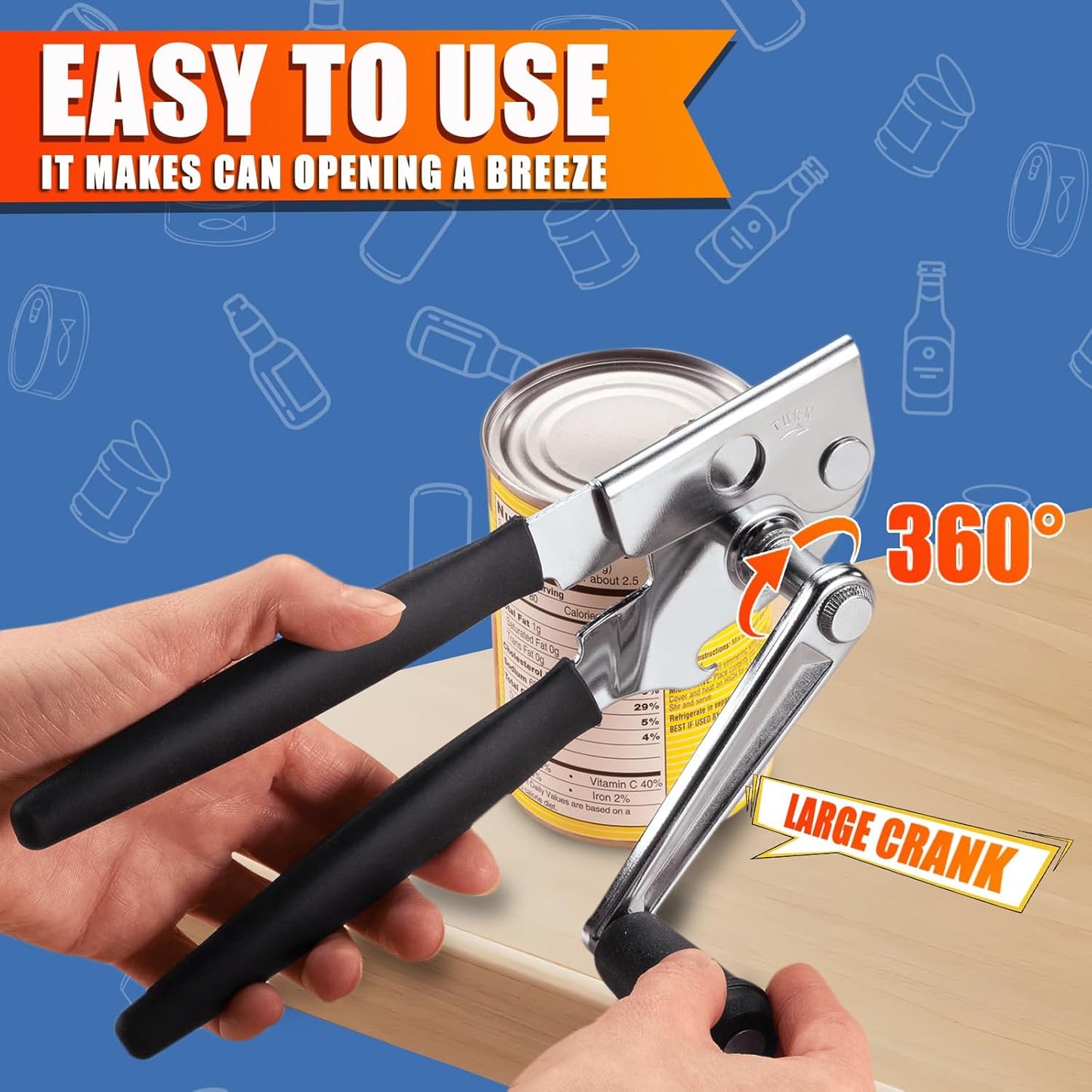 Can Opener Manual, ICEKATI Commercial Heavy Duty Can Opener for Large Cans, Folding Hand Crank with Comfortable Long Handles, Sharp Blade Smooth Edge