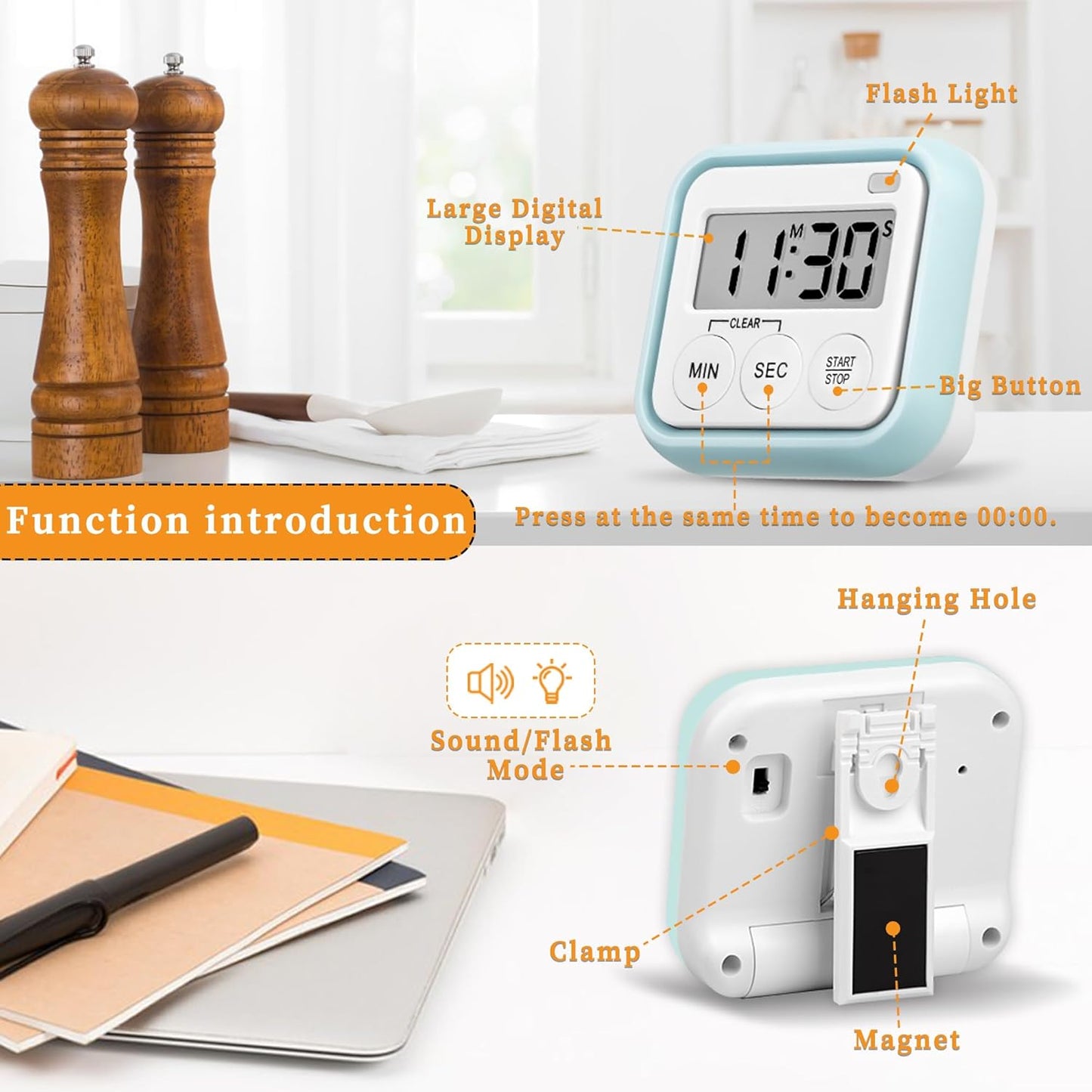 Timer, Kitchen Timers for Cooking Classroom Timer for Kids Teachers Digital Magnetic Timers 2 Pack, Blue