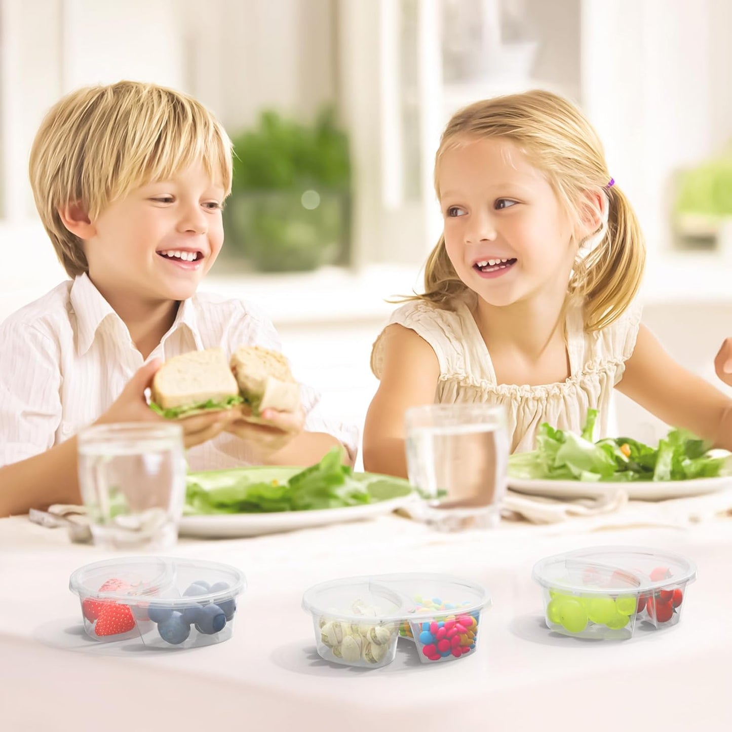 20pcs Reusable Snack Containers with Lids, 2 Compartment Snack Pack Containers for Fruits Candy Sauce Spices